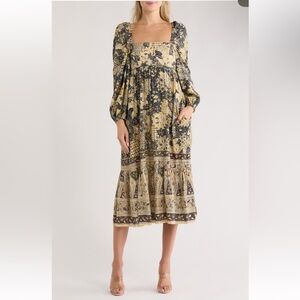 Ulla Johnson Yellow and Navy Floral Smocked Midi Dress